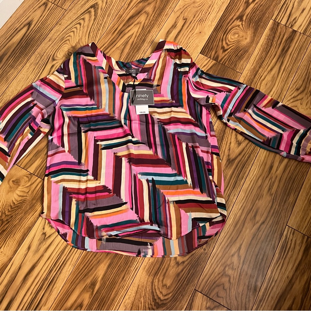 Ninety Multicolor Striped V-Neck Blouse Women’s Size M / BRAND NEW